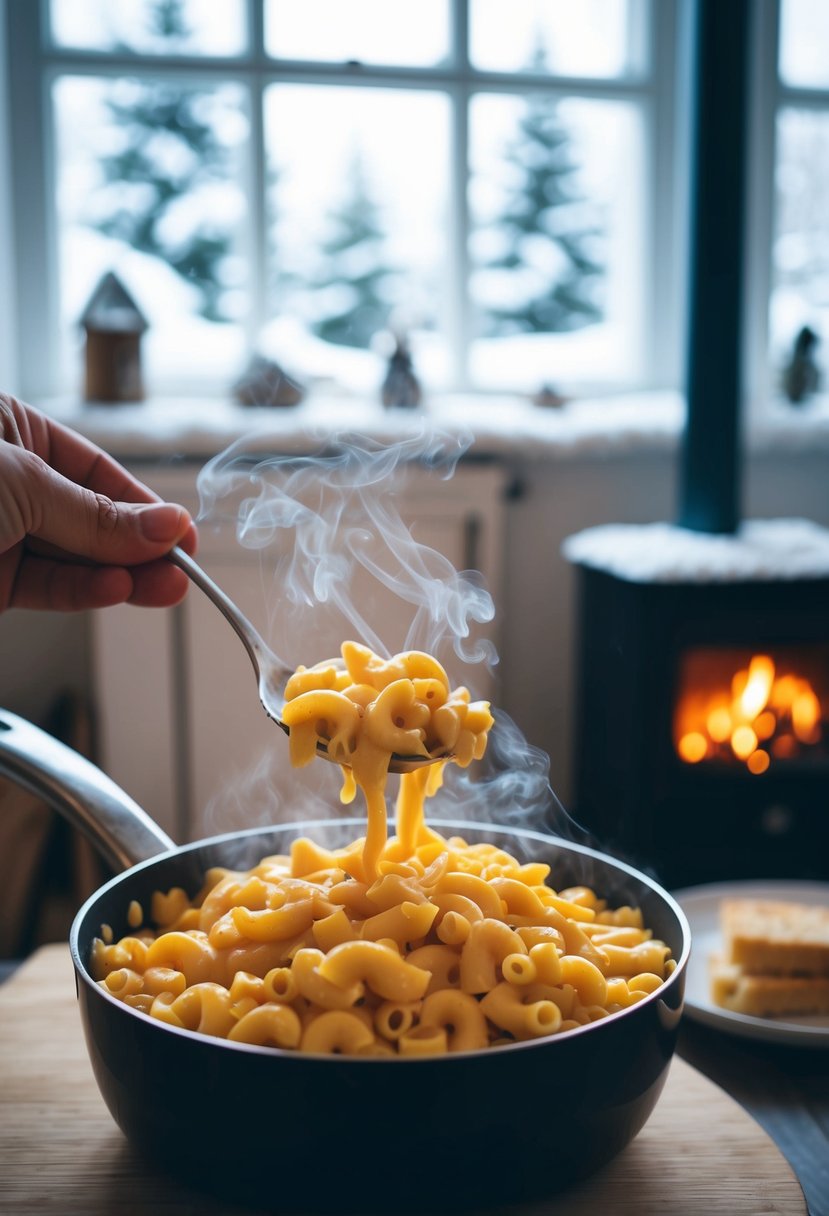 A cozy kitchen scene with a steaming pot of macaroni and cheese surrounded by snowy windows and a crackling fire in the background