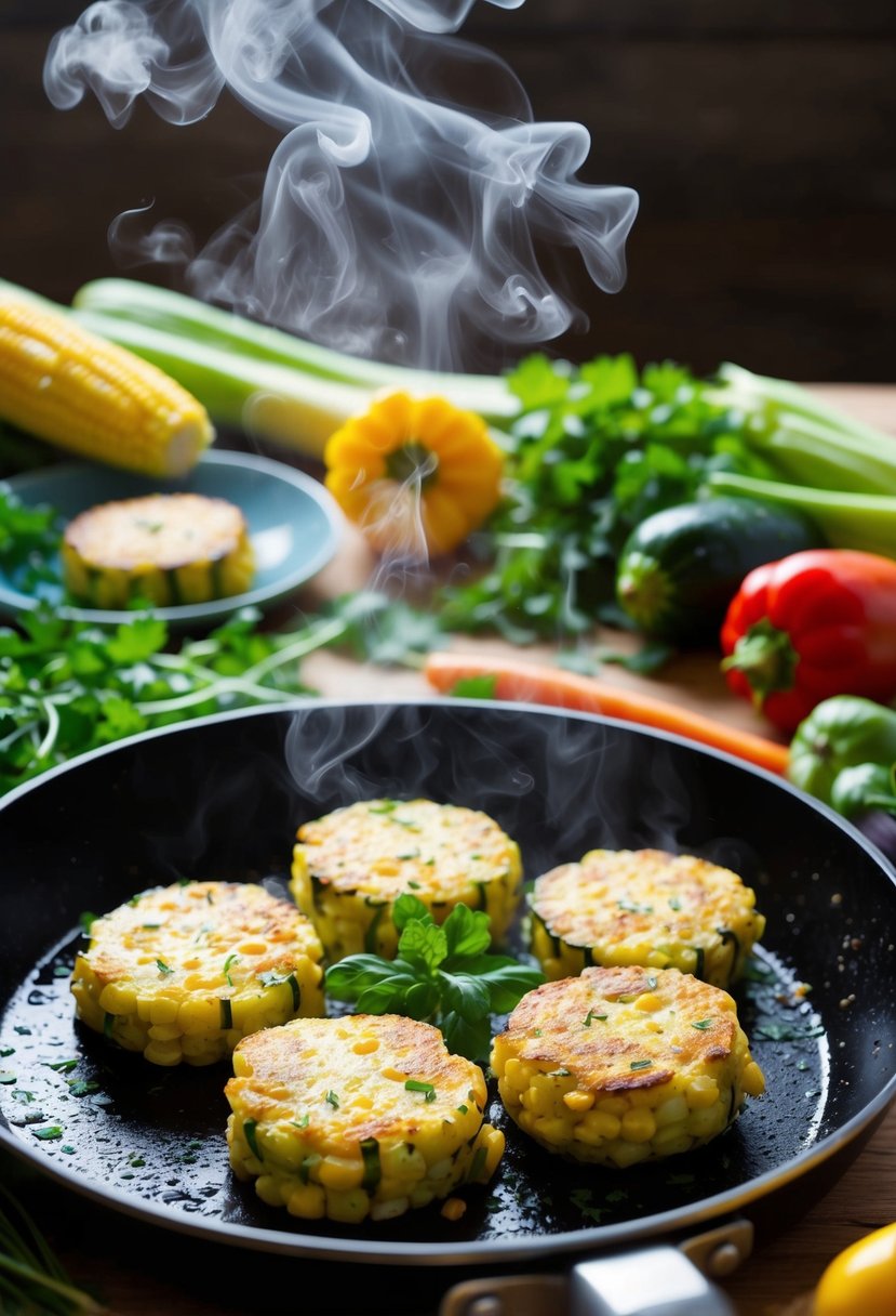 A sizzling skillet with golden zucchini and corn fritters, steam rising, surrounded by fresh herbs and colorful vegetables