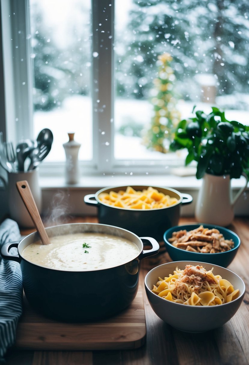 A cozy kitchen with a pot of bubbling Alfredo sauce, lasagna noodles, and a bowl of shredded chicken, surrounded by snow falling outside