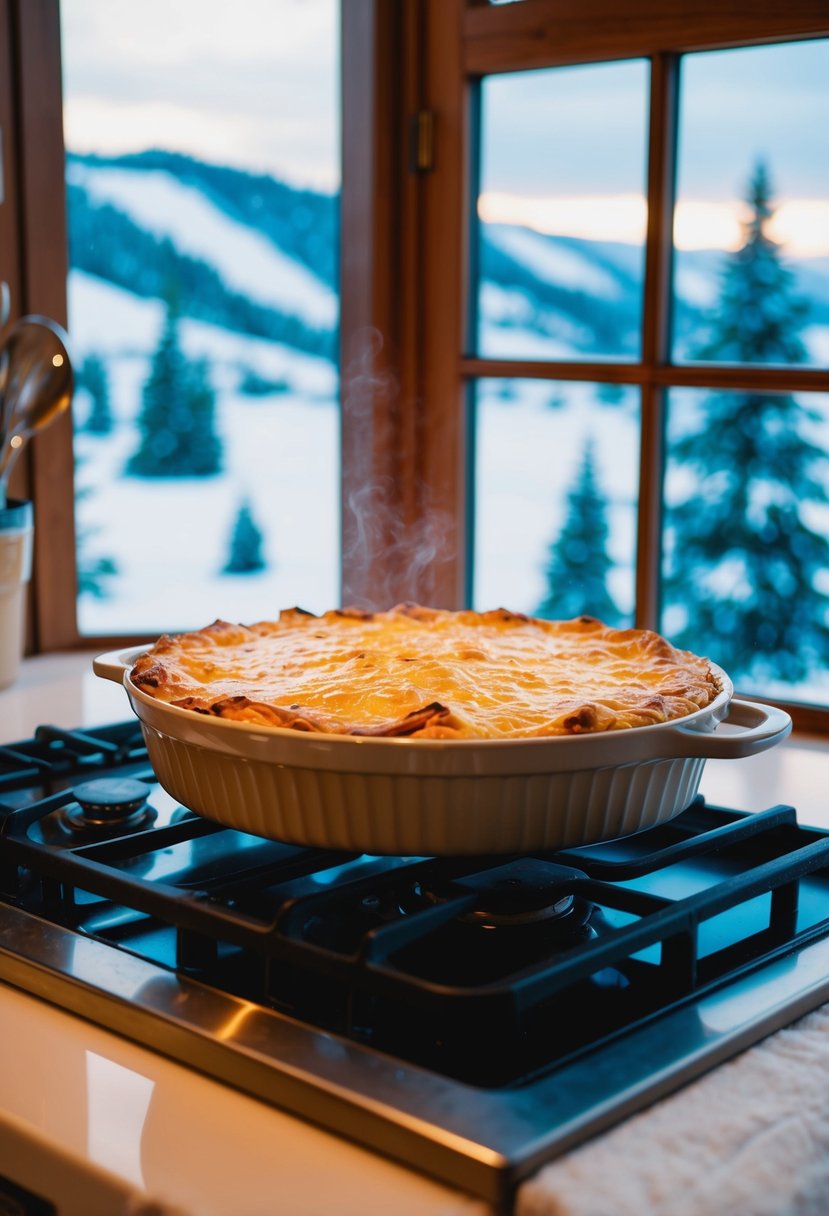 A cozy kitchen with a bubbling spanakopita casserole in the oven, surrounded by snowy landscapes visible through the window