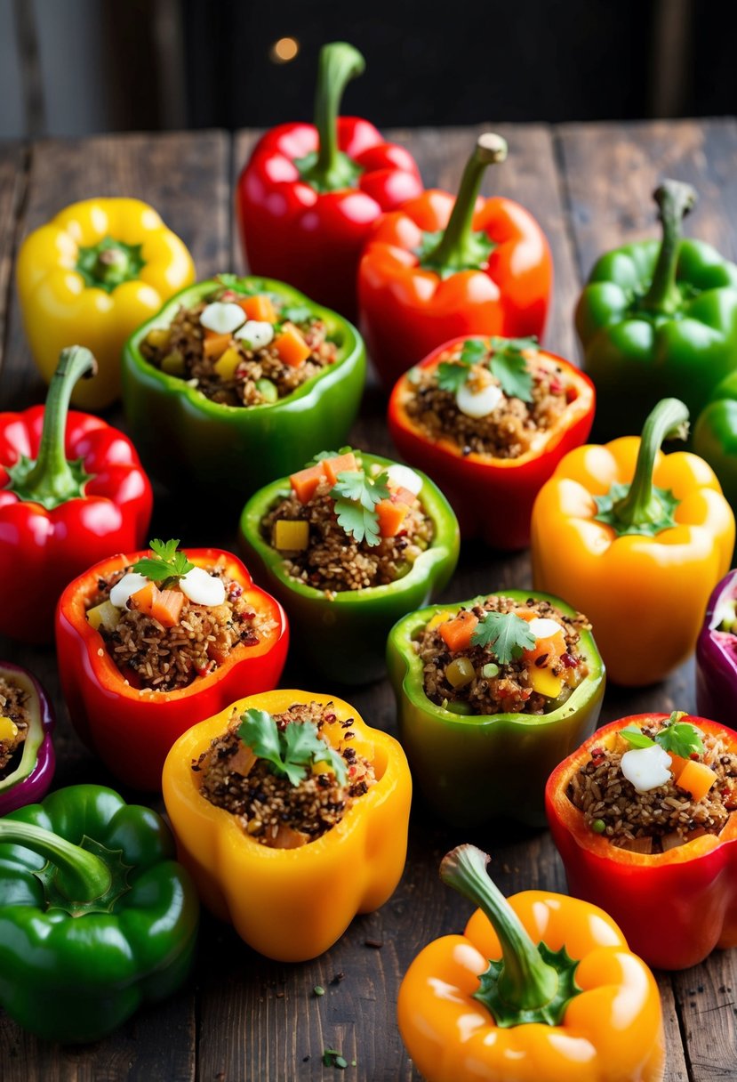 A colorful array of stuffed bell peppers filled with quinoa and savory ingredients, arranged on a rustic wooden table