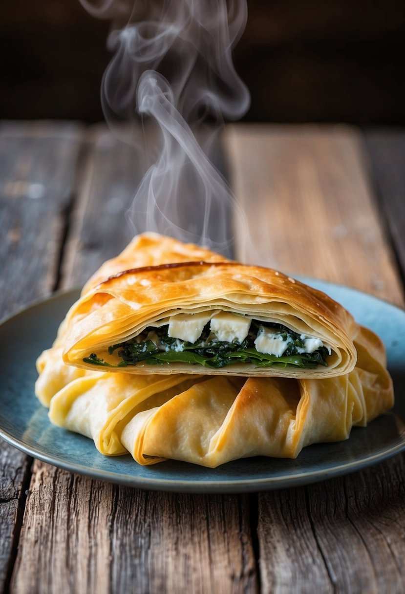 A golden-brown spanakopita sits on a rustic wooden table, steam rising from the flaky layers of phyllo dough. The filling of spinach and feta cheese is visible through the crispy pastry