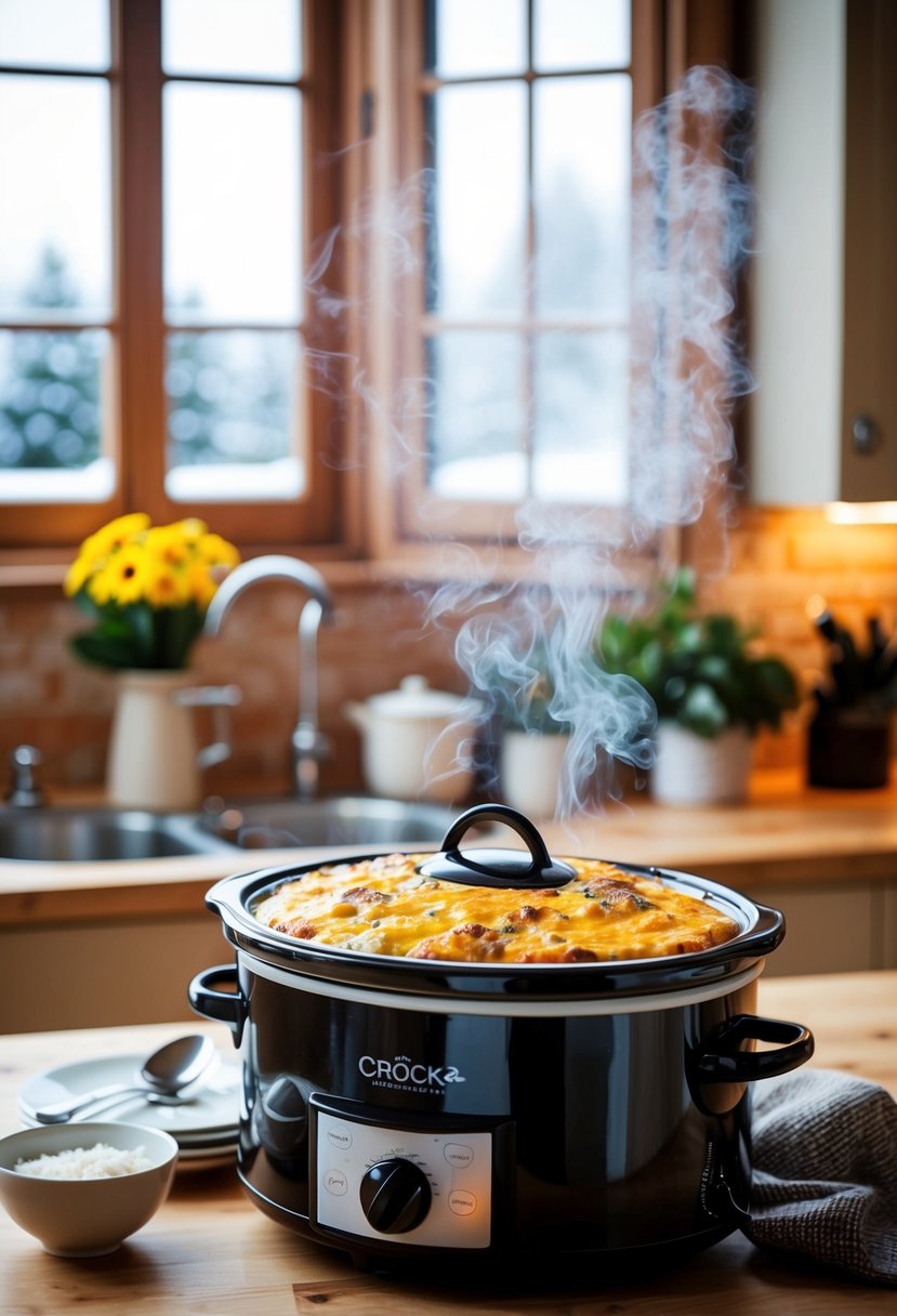 A cozy kitchen with a steaming Crock-Pot filled with a hearty breakfast casserole, surrounded by snowy windows and a warm, inviting atmosphere