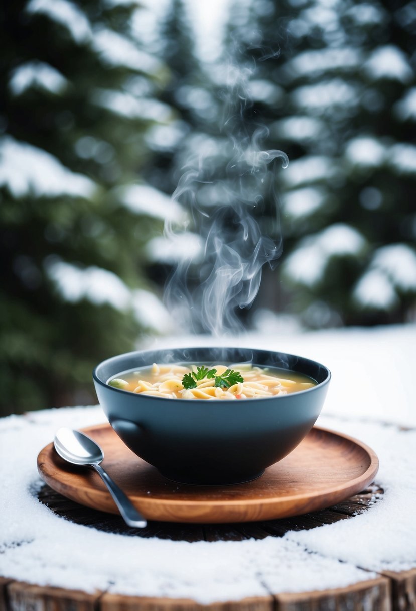 A steaming bowl of chicken noodle soup sits on a rustic wooden table, surrounded by snow-covered pine trees