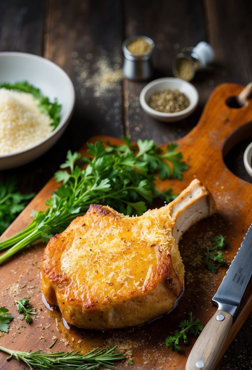 A golden-brown pork chop coated in parmesan sits on a rustic wooden cutting board, surrounded by fresh herbs and spices