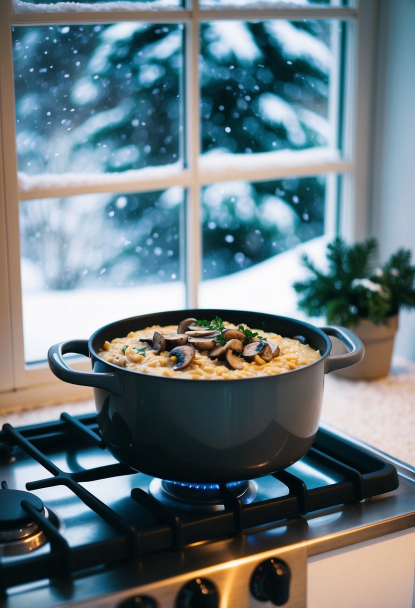 A cozy kitchen with a pot of creamy mushroom risotto simmering on the stove, while snow falls outside the window