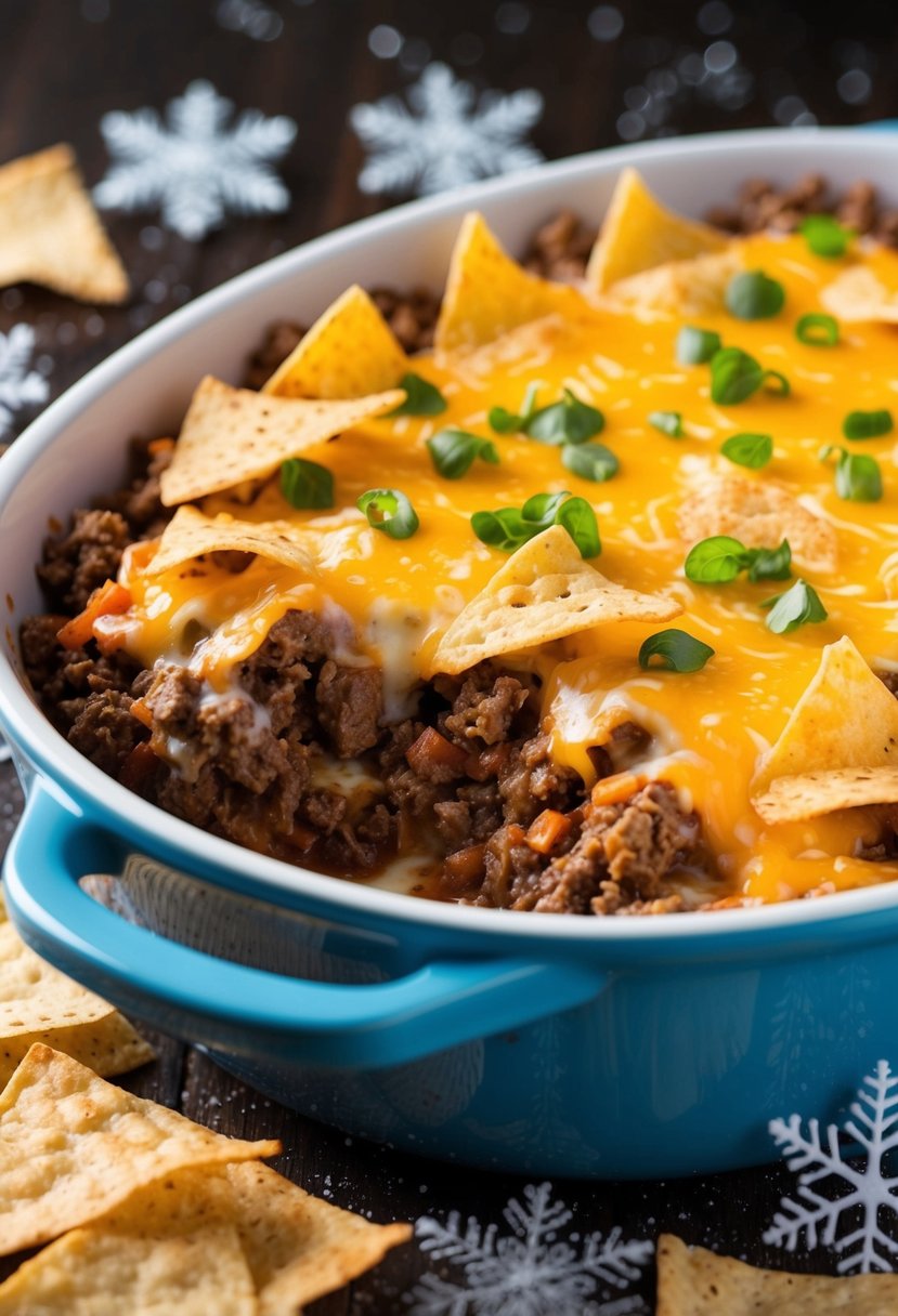 A warm, bubbling casserole dish filled with layers of seasoned ground beef, gooey melted cheese, and crispy tortilla chips, surrounded by snowflakes