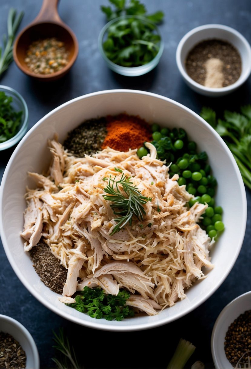 A bowl of shredded chicken surrounded by various herbs, spices, and vegetables, ready to be used in a delicious recipe