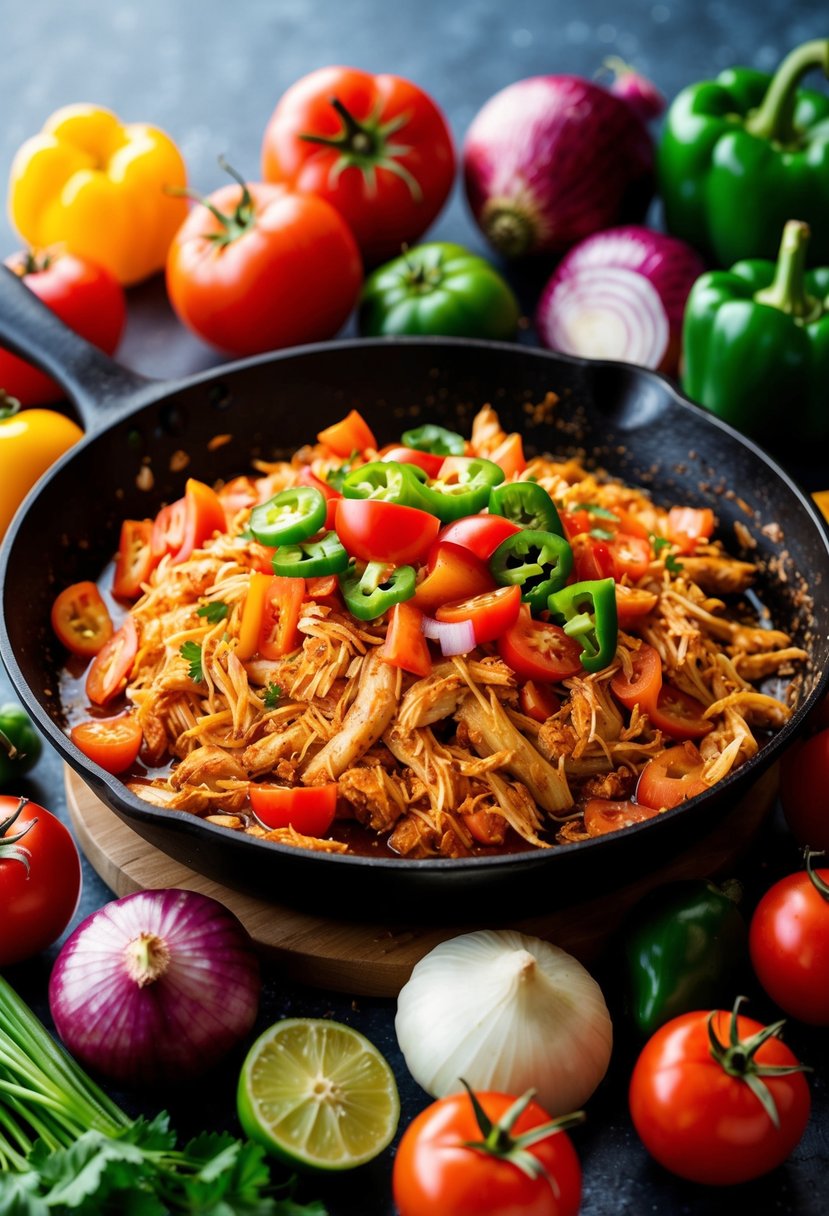 A colorful array of fresh ingredients like tomatoes, onions, and peppers surround a sizzling skillet of shredded Mexican chicken