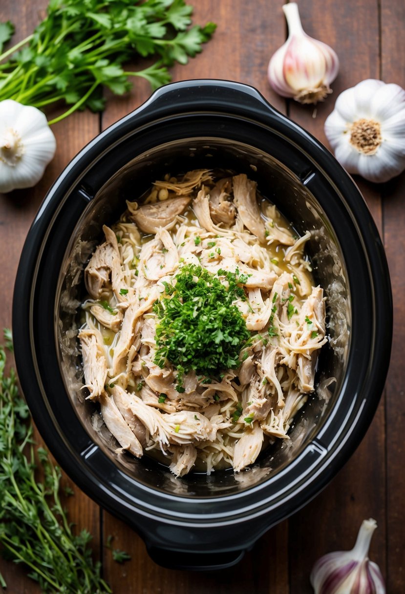 A slow cooker surrounded by fresh garlic, herbs, and shredded chicken