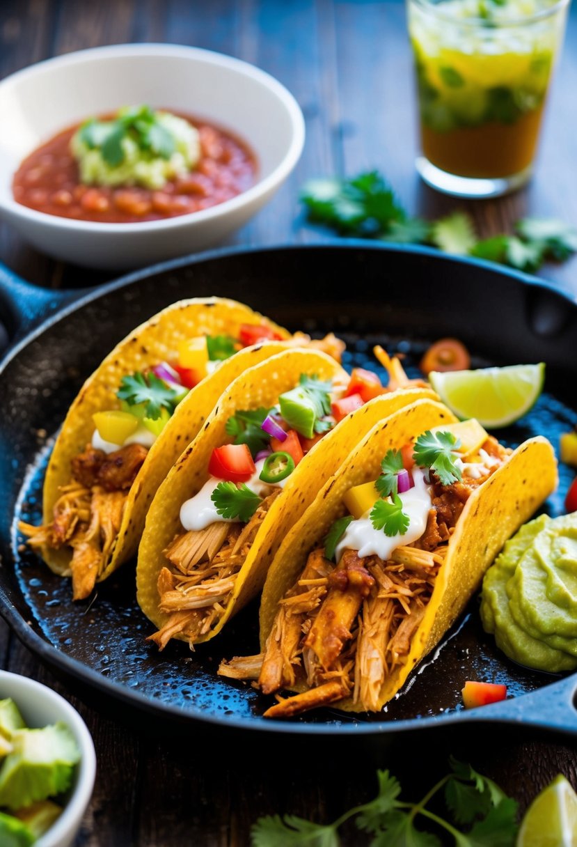 A sizzling skillet of spicy chipotle shredded chicken tacos with colorful toppings and a side of salsa and guacamole