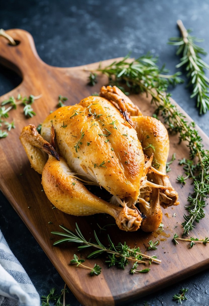 A golden-brown, herb-infused oven-baked shredded chicken on a rustic wooden cutting board, surrounded by sprigs of fresh rosemary and thyme