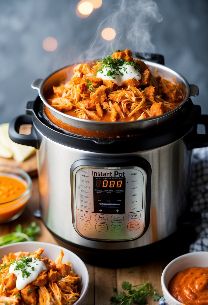 A steaming Instant Pot filled with tender, shredded buffalo chicken, surrounded by spicy red sauce and a sprinkle of green herbs