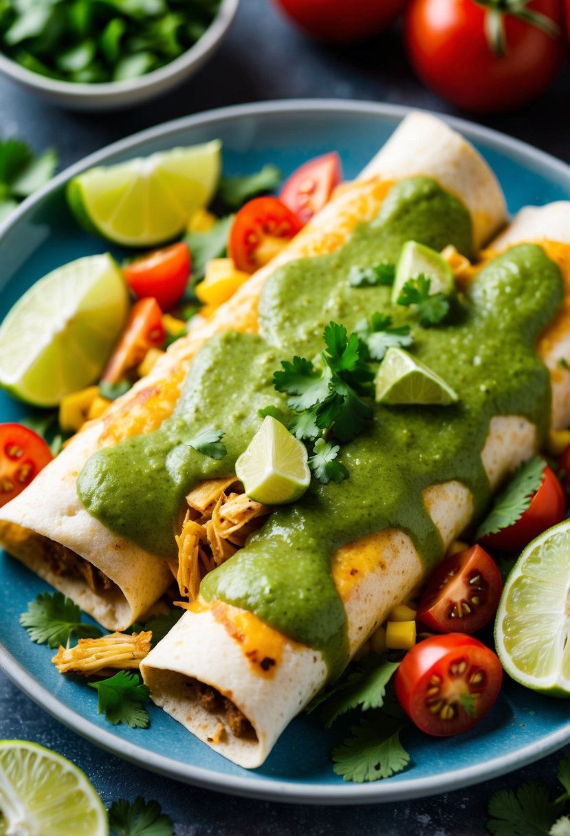 A plate of enchiladas topped with green sauce, filled with shredded chicken, surrounded by colorful ingredients like tomatoes, cilantro, and lime slices