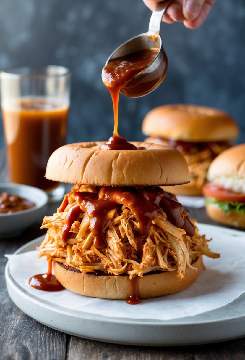 A barbecue shredded chicken sandwich being assembled with a toasted bun, a pile of shredded chicken, and a drizzle of barbecue sauce