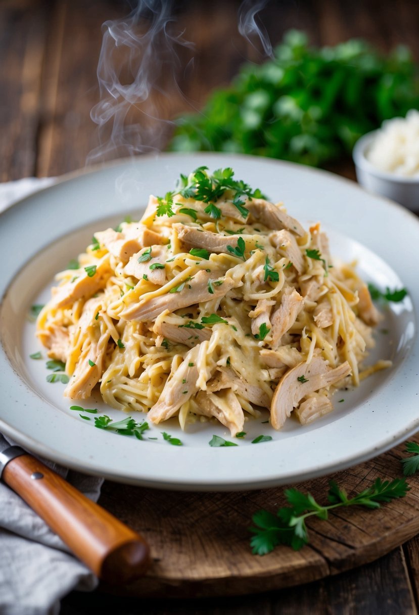 A steaming plate of Cajun-style shredded chicken Alfredo, garnished with fresh herbs and served on a rustic wooden table