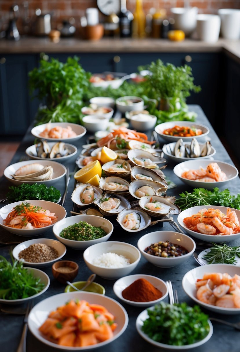 A table covered in various seafood ingredients, surrounded by fresh herbs and spices