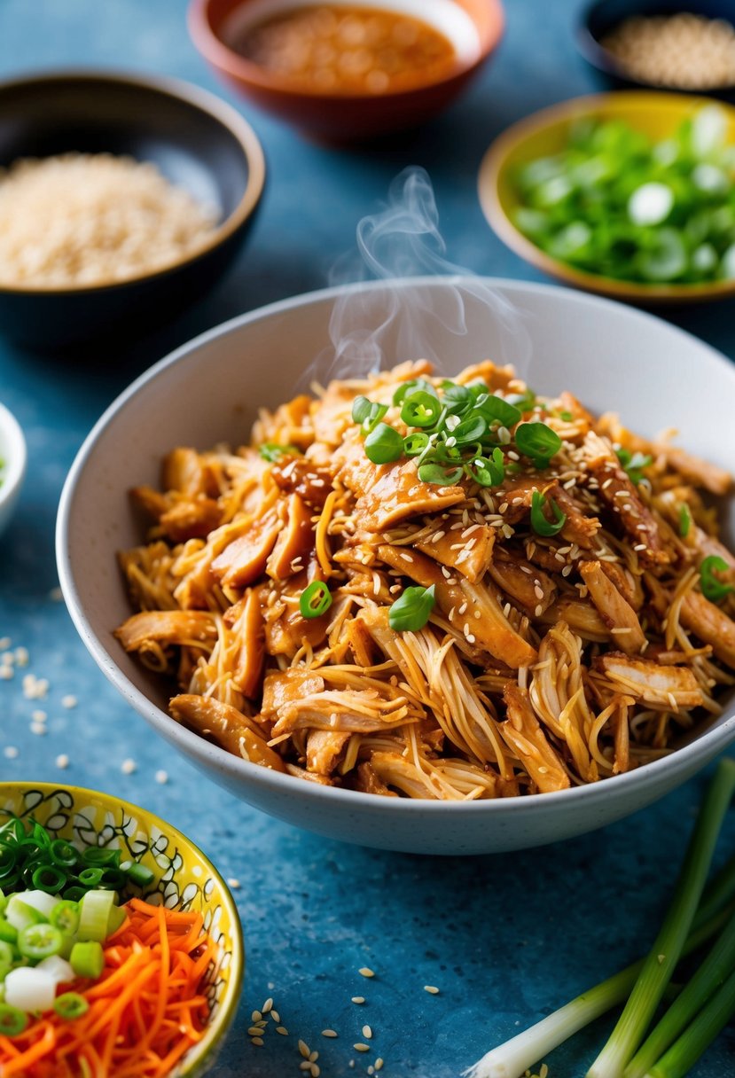 A steaming bowl of teriyaki shredded chicken, surrounded by colorful Asian-inspired ingredients and garnished with sesame seeds and green onions