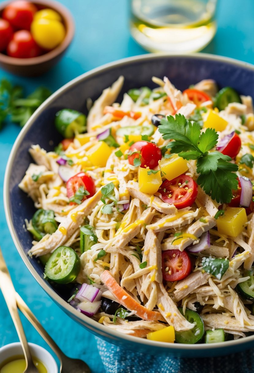 A vibrant bowl of shredded chicken salad with colorful Mediterranean veggies and a drizzle of olive oil