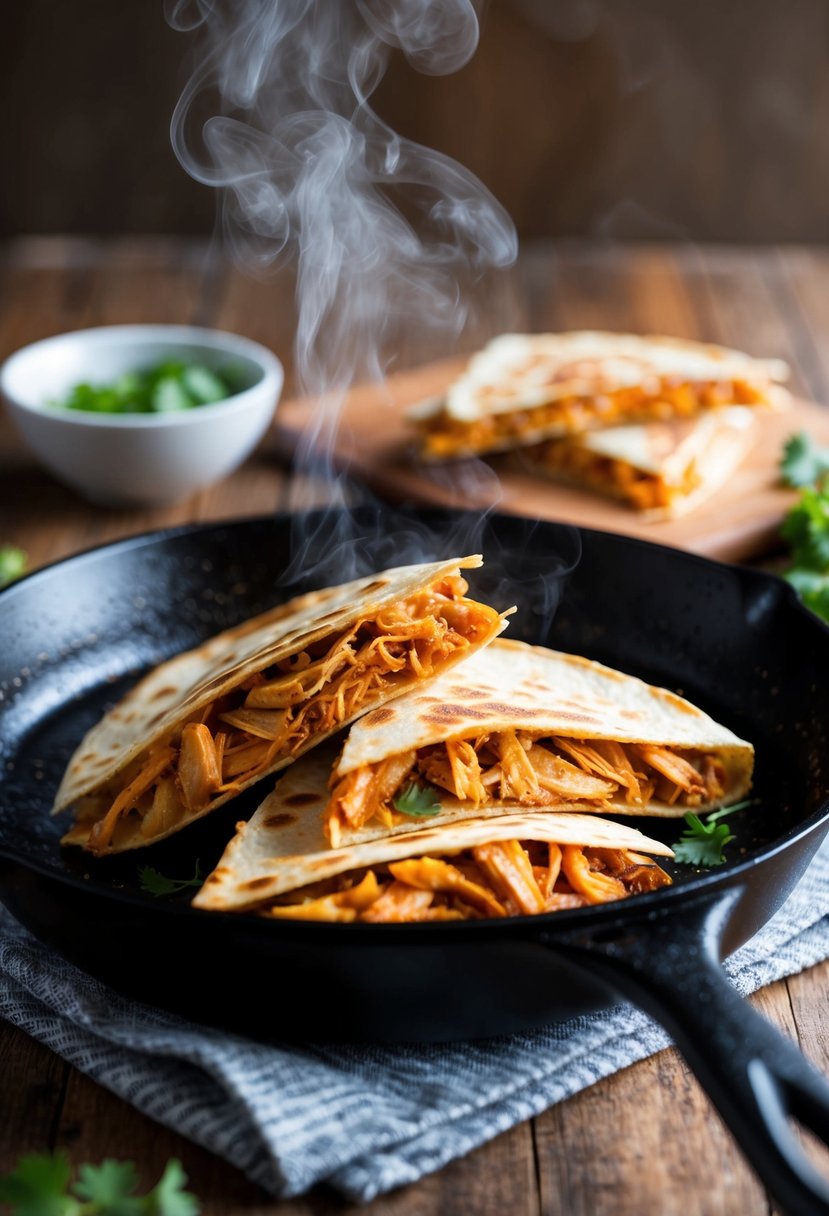 A sizzling skillet holds golden-brown quesadillas filled with spicy shredded chicken tinga, steam rising from the melted cheese and savory filling