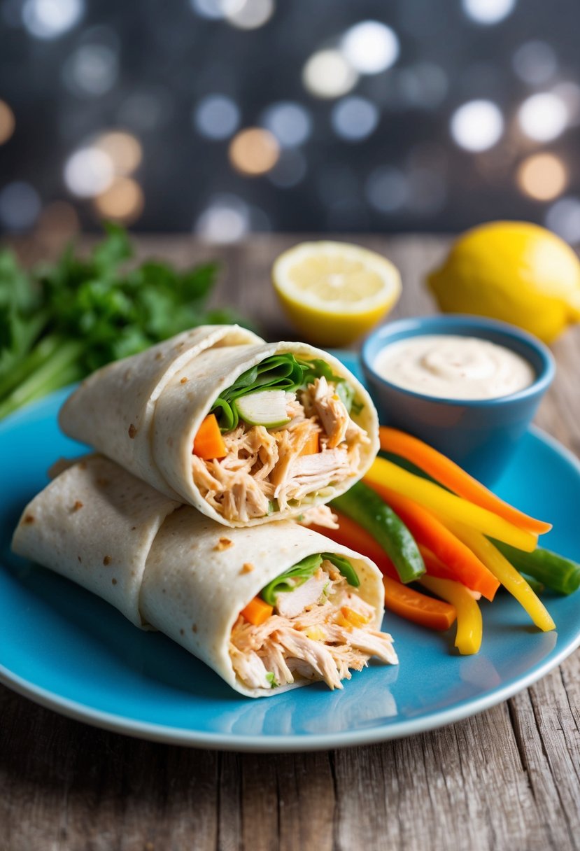 A plate of lemon pepper shredded chicken wraps with colorful vegetables and a side of dipping sauce