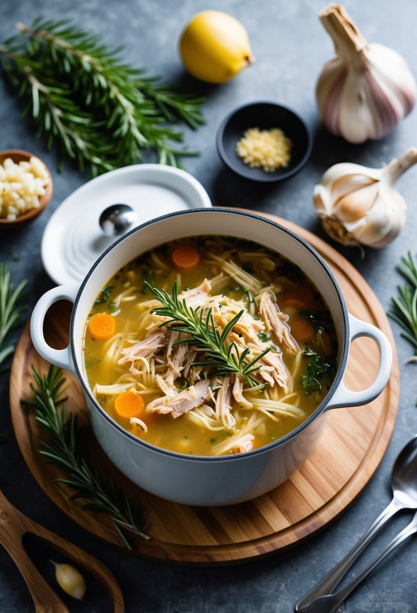 A pot of simmering soup with shredded chicken, rosemary, and garlic, surrounded by fresh ingredients and cooking utensils