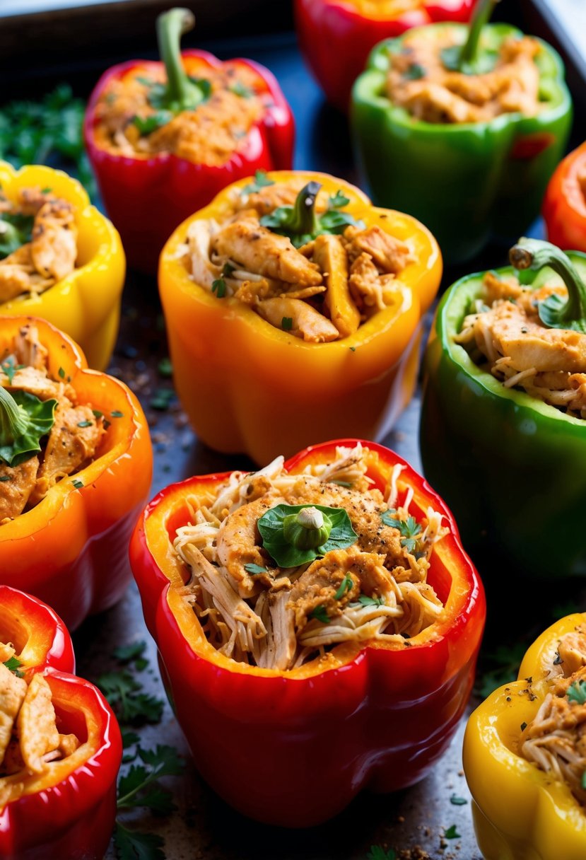 A colorful array of bell peppers filled with tender shredded chicken and various seasonings, ready to be baked to perfection