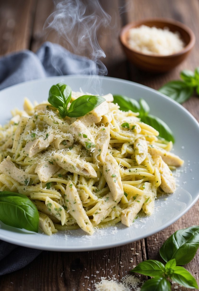 A steaming plate of creamy pesto shredded chicken pasta, garnished with fresh basil leaves and grated parmesan cheese, sits on a rustic wooden table