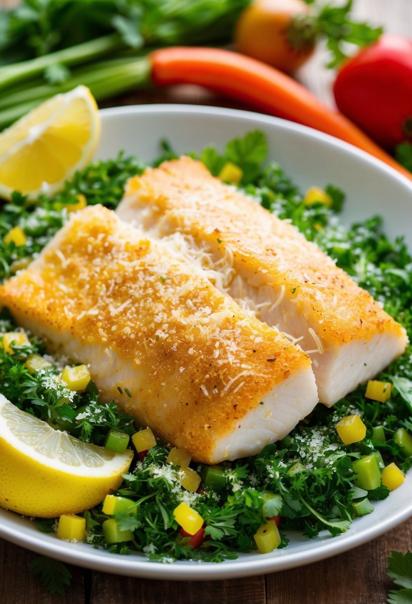 A golden-brown tilapia fillet coated in parmesan sits on a bed of vibrant green herbs, surrounded by colorful vegetables and a slice of lemon