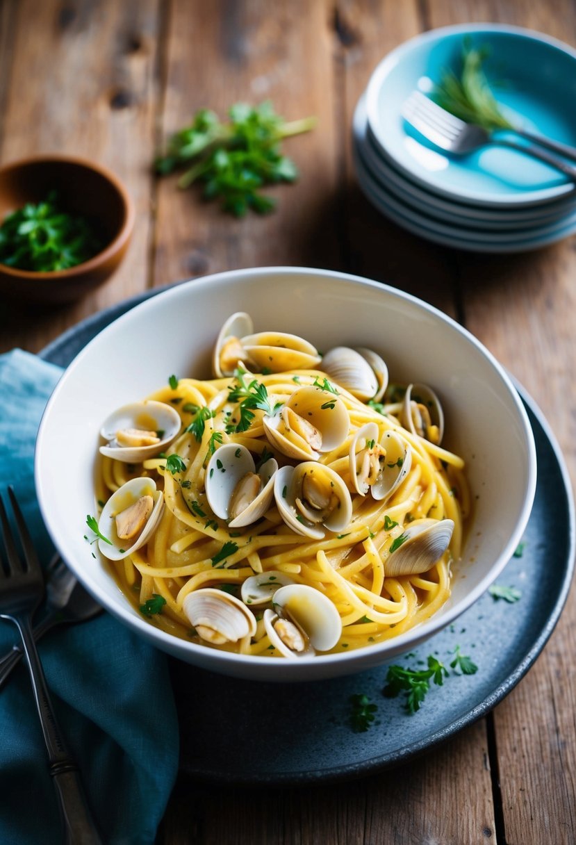 A steaming bowl of creamy clam pasta, garnished with fresh herbs and served on a rustic wooden table