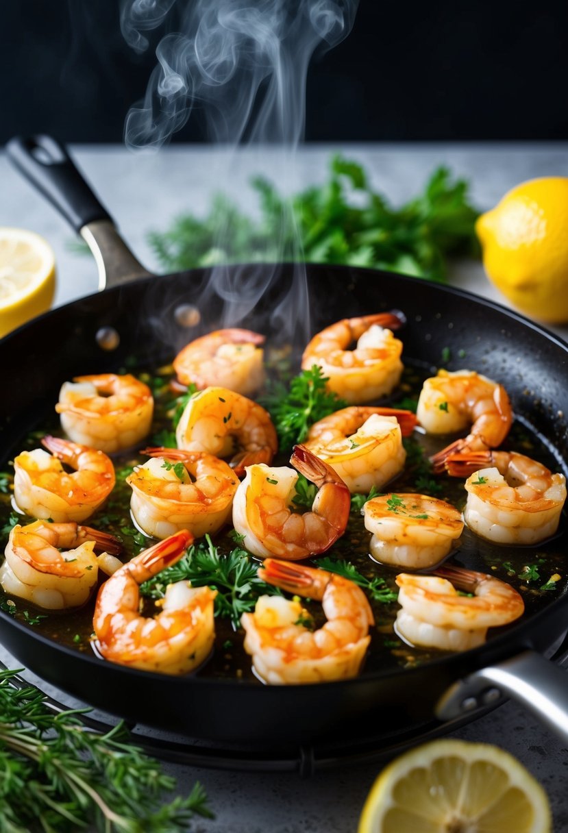 A sizzling skillet of honey garlic shrimp, surrounded by fresh herbs and lemon slices, with steam rising from the succulent seafood