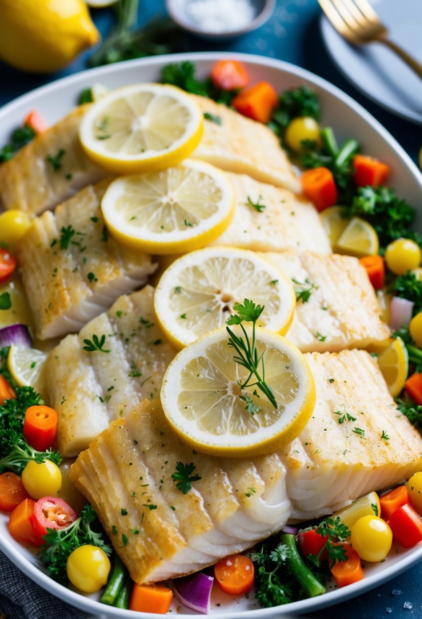 A platter of golden-brown flounder fillets topped with slices of fresh lemon and garnished with herbs, surrounded by colorful vegetables and a sprinkle of sea salt