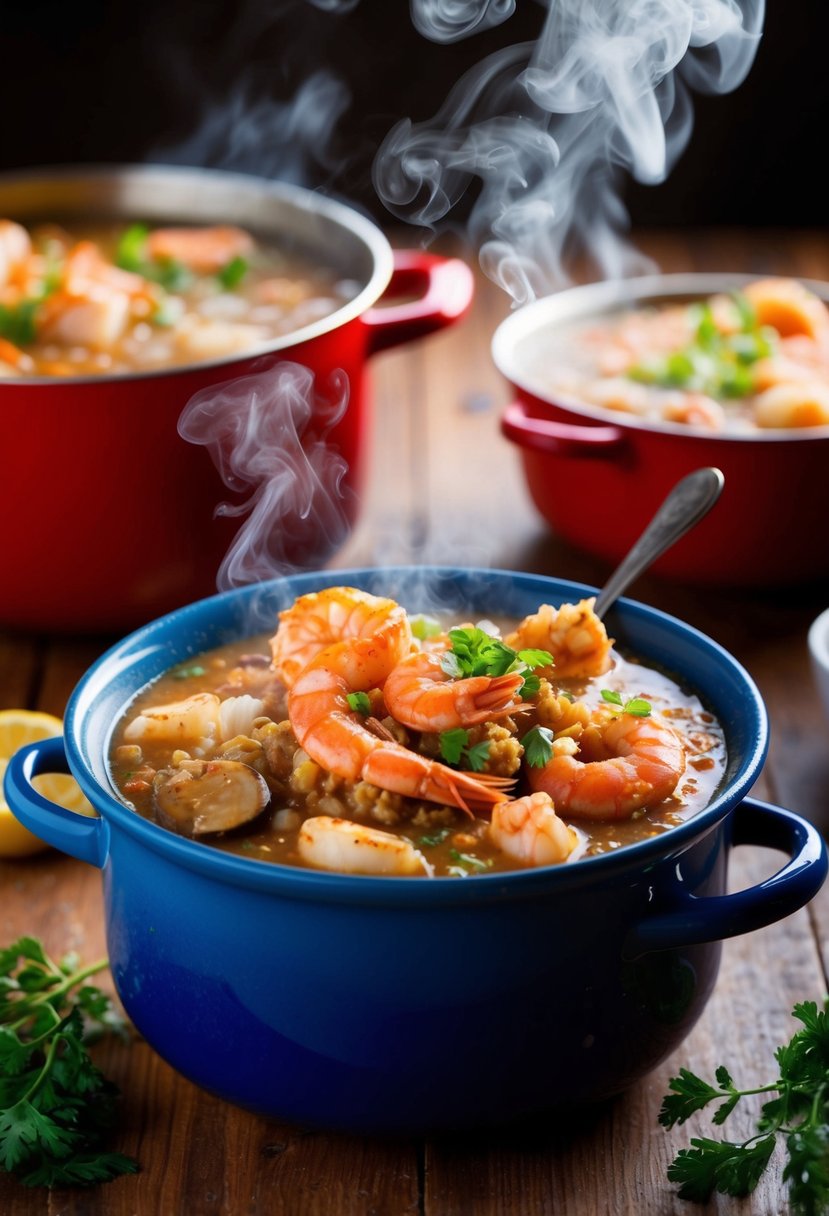 A bubbling pot of etouffee with a variety of seafood, steam rising