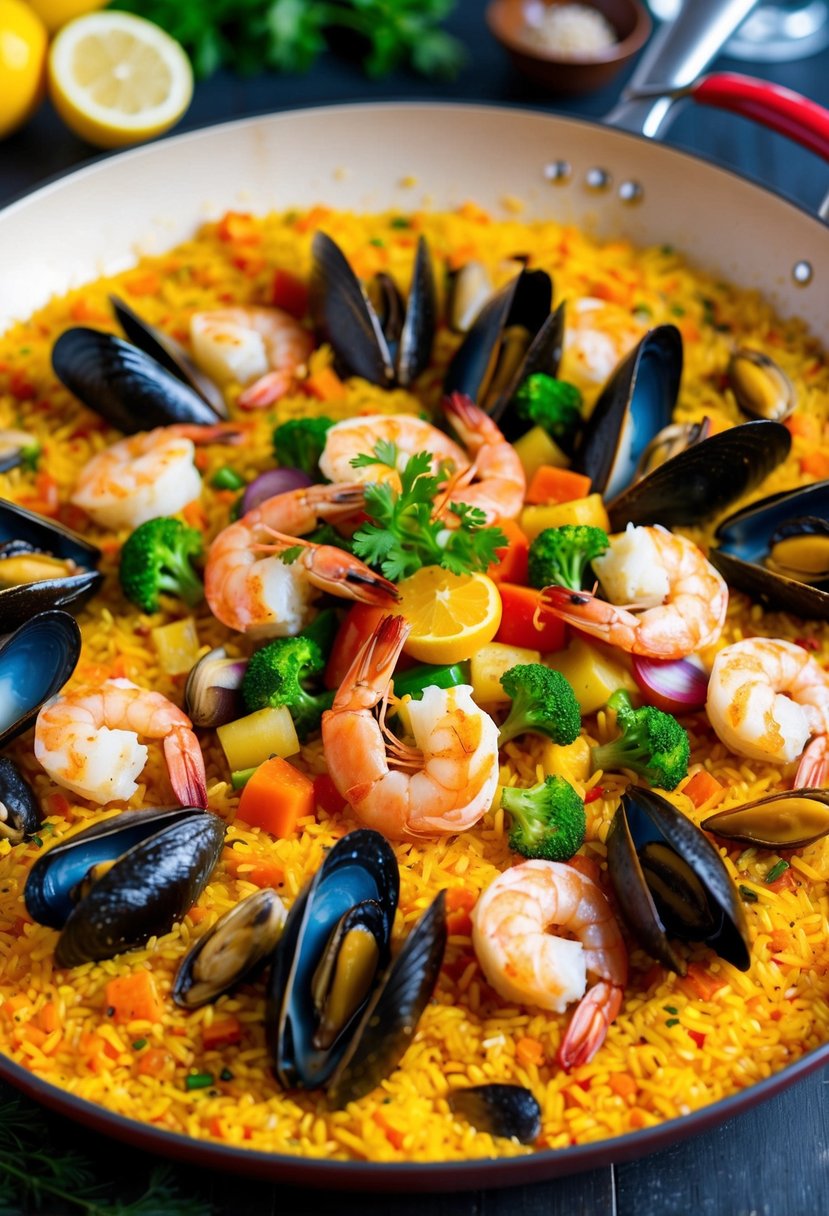 A colorful seafood paella sizzling in a large pan with shrimp, mussels, and various vegetables, surrounded by vibrant saffron-infused rice