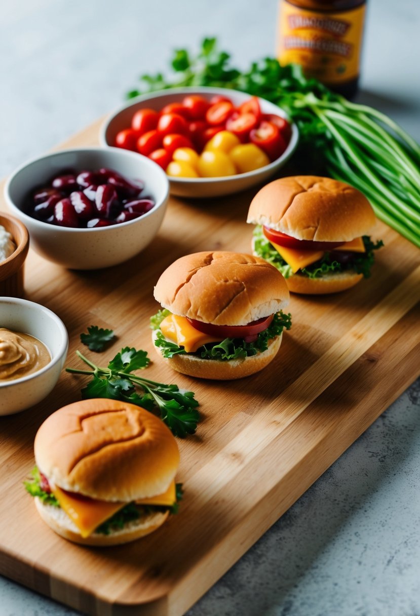 A wooden cutting board with various ingredients and condiments laid out for making slider recipes