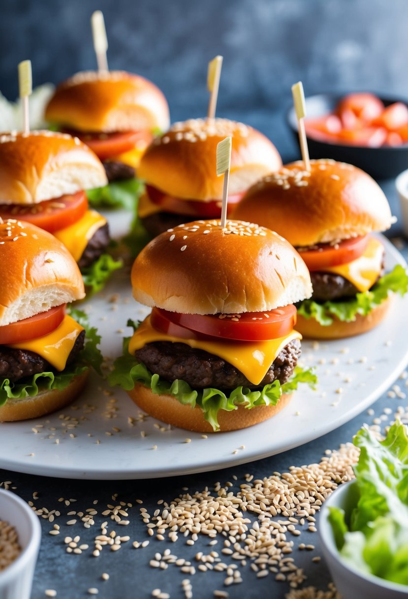 A platter of cheeseburger sliders on Hawaiian rolls, garnished with lettuce and tomato, surrounded by a scattering of sesame seeds