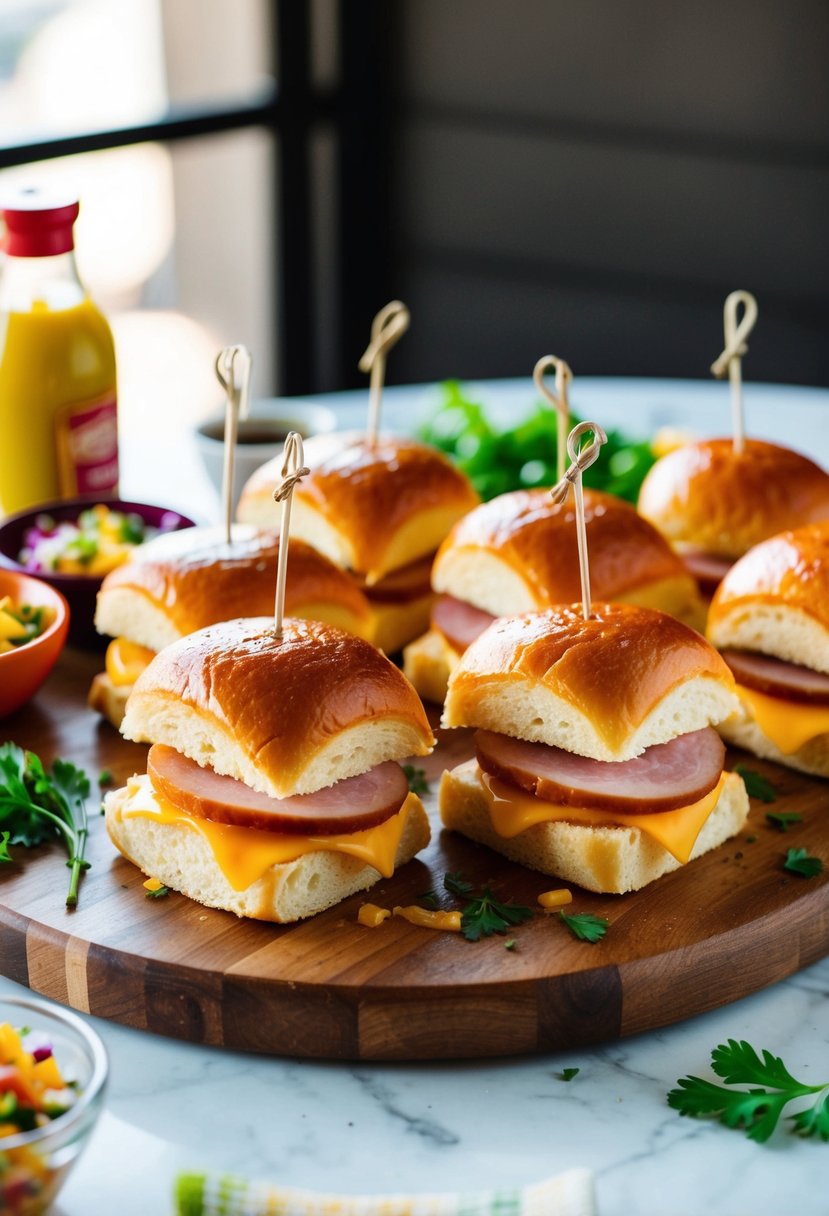 A platter of golden-brown ham and cheese sliders on a wooden board, surrounded by colorful garnishes and condiments