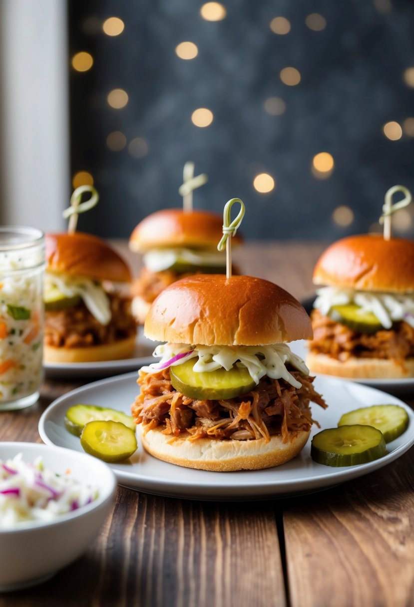 A table set with pulled pork sliders, pickles, and coleslaw