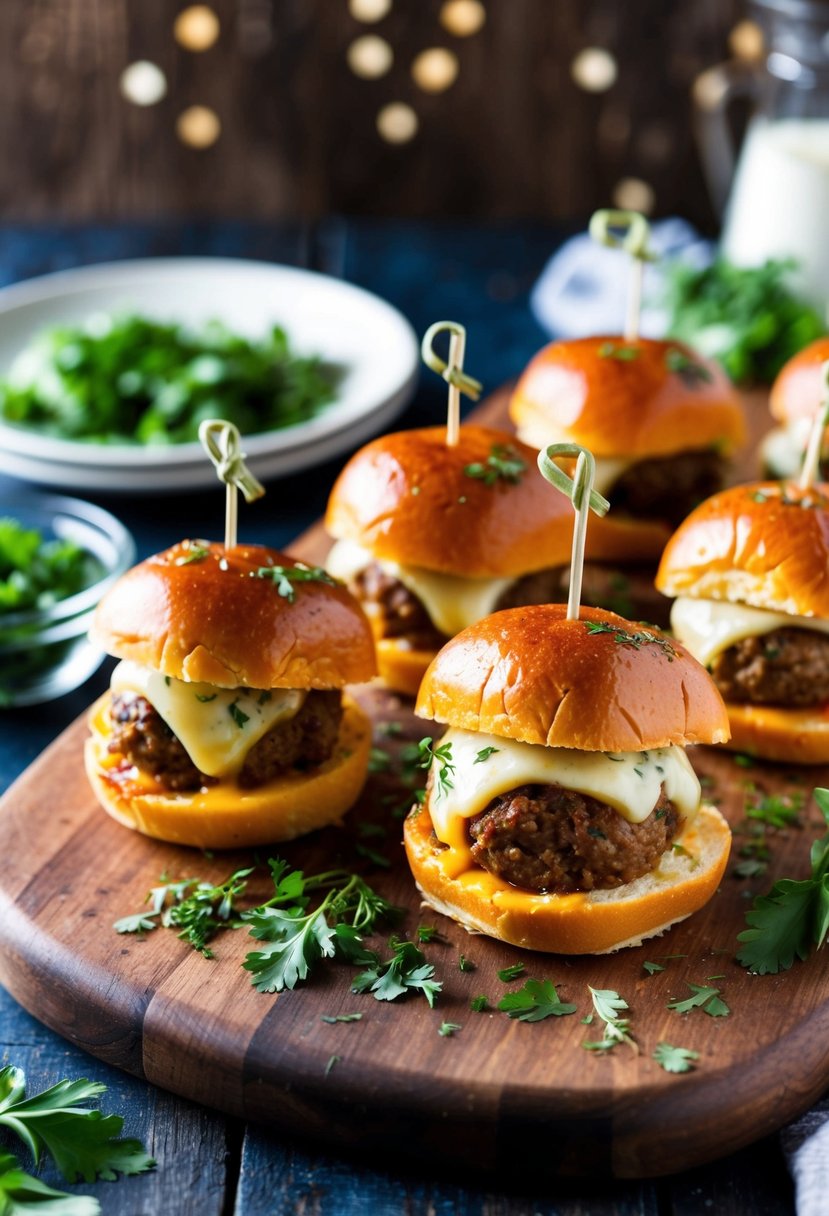 A platter of meatball sliders with melted cheese and garnished with fresh herbs on a rustic wooden board