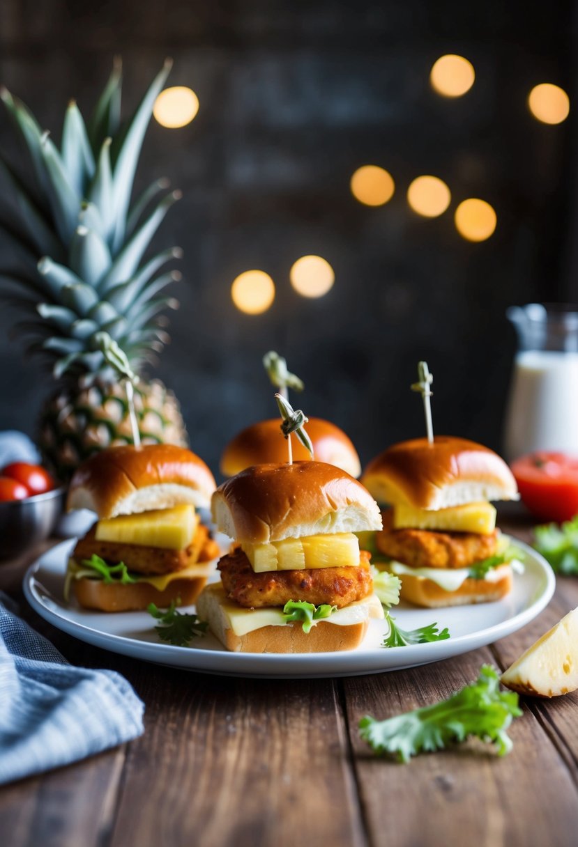 A platter of chicken sliders with pineapple, lettuce, and tomato