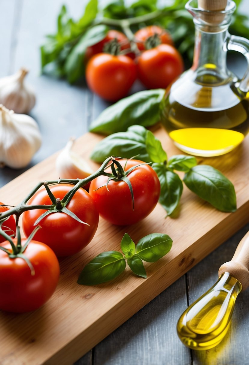 A wooden cutting board with fresh ingredients: tomatoes, basil, garlic, and olive oil. A simple recipe awaits creation