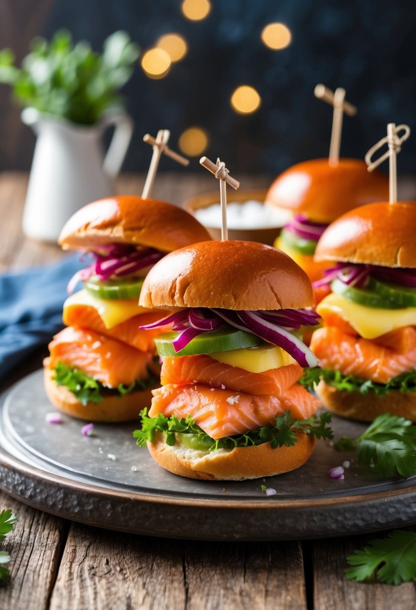 A platter of salmon sliders with colorful garnishes on a rustic wooden table