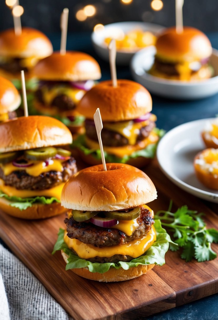 A platter of sizzling spicy cheeseburger sliders with toppings on a wooden board