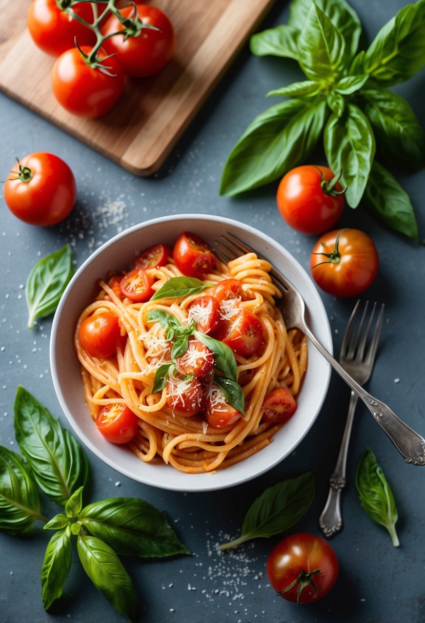 A bowl of tomato basil pasta with a fork beside it, surrounded by fresh basil leaves and ripe tomatoes