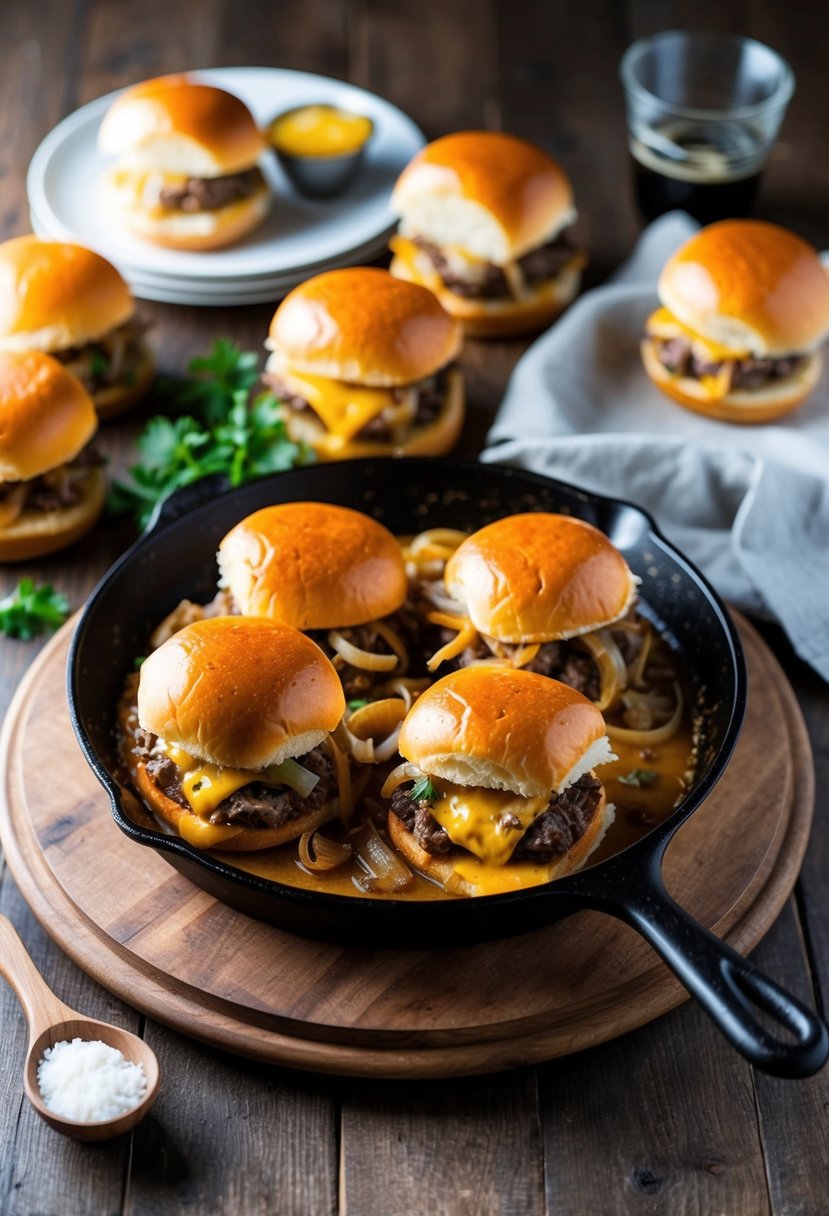 A sizzling skillet of Philly cheesesteak sliders on a rustic wooden serving board with melted cheese, caramelized onions, and soft slider buns