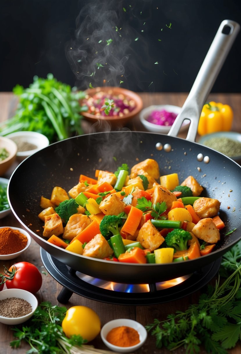 A sizzling wok filled with colorful vegetables and tender chunks of chicken, surrounded by an array of fresh herbs and spices