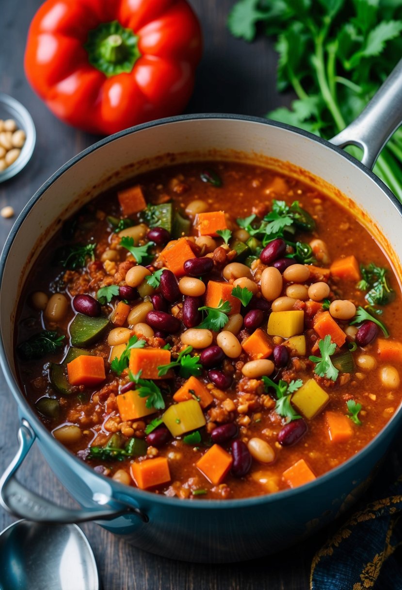 A pot of simmering vegetarian chili with colorful vegetables and beans