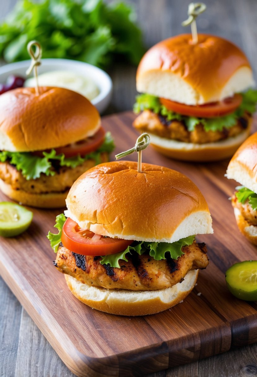 Grilled chicken sliders on a wooden cutting board with lettuce, tomato, and pickles