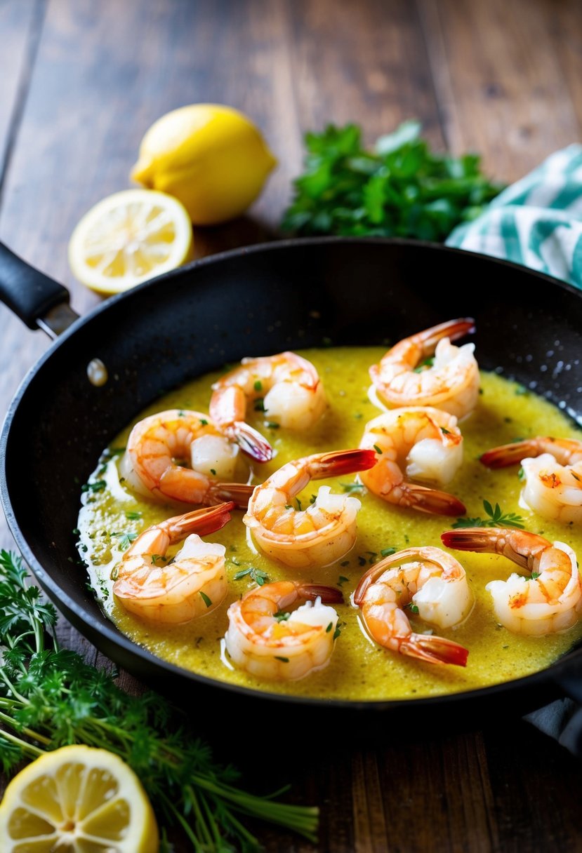 A sizzling skillet with succulent shrimp bathing in a pool of golden garlic butter, surrounded by fresh herbs and lemon wedges