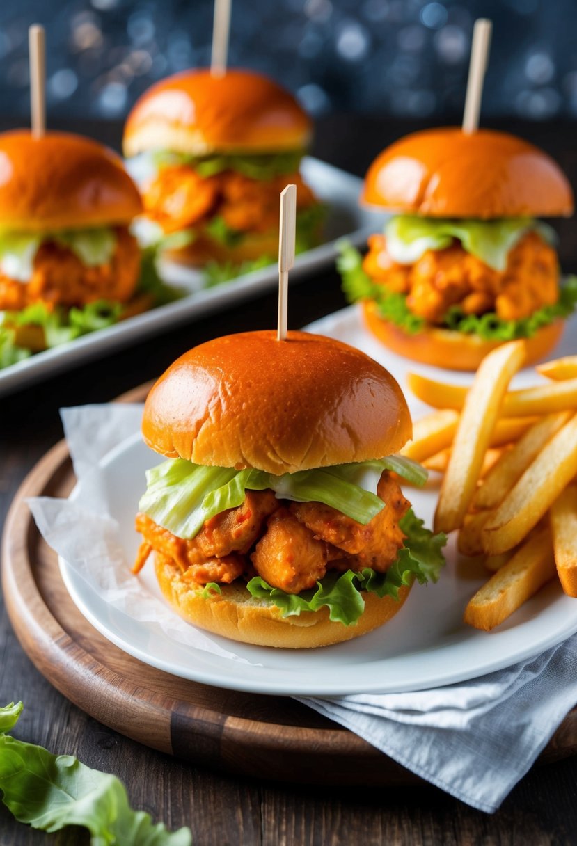 A platter of buffalo chicken sliders, garnished with lettuce and served with a side of crispy fries